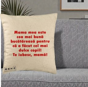 Cadou pentru Mama - Perna Personalizata Mama cea Mai Buna Bucatareasa, 40x40 cm, Bej, Husa Detasabila, Perna Inclusa, BEKZ®