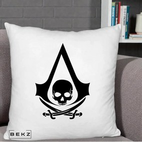Perna Personalizata Assassin's Creed Black Flag Skull, 40x40 cm, Alb Pufos, Husa Detasabila, Perna Inclusa, BEKZ®
