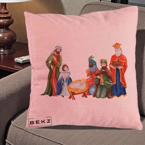 Perna Decorativa Nasterea Domnului Cei Trei Magi Acuarela, 40x40 cm, Roz, Husa Detasabila, Perna Inclusa, BEKZ®
