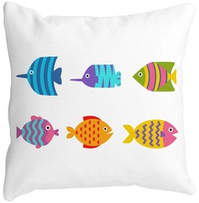 Perna Decorativa Patrata cu Pesti Multicolor, 40x40 cm, Alba, Mata, Husa Detasabila, Burduf