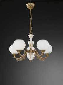 Candelabru cu 5 brate clasic design italian din alama, sticla si lemn 8655 RA-L. 8655/5