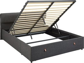Pat matrimonial gri închis tapițat cu spațiu de depozitare cu somieră 160x200 cm Calvi – Actona