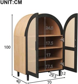 Dulap pentru pantofi cu exterior rotunjit, uși din ratan decupate și 3 rafturi, 70x40x100 cm, Culoare naturală+Negru