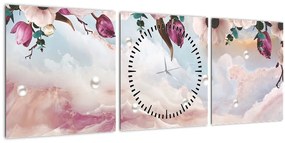 Tablou - Flori roz și marmură roz (cu ceas) (90x30 cm)