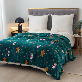 Patura microplus de Craciun SNOWMAN AND GINGERBREAD verde Dimensiuni: 150 x 200 cm
