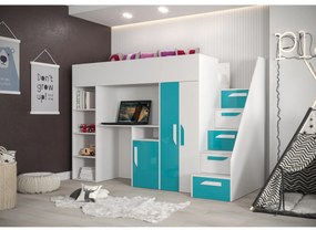 Pat pentru copii combinat 90 cm Puro 14 (alb mat + alb lucios + Turcoaz lucios). 1087085