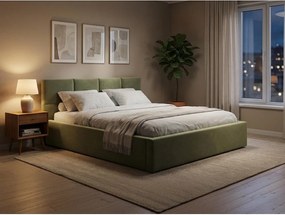 Pat matrimonial verde tapițat din catifea cu spațiu de depozitare cu somieră 140x200 cm Hiko – Makamii