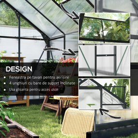 Outsunny Seră de Grădină, Seră din Policarbonat și Aluminiu cu Ușă Culisantă, Ventilație pe Acoperiș și Jgheab, 190x192x201 cm, Gri | Aosom Romania