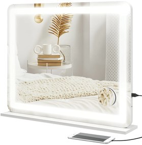 HOMCOM Oglindă de Machiaj cu Lumini LED în 3 Culori, Oglindă de Perete și Masă cu USB, 80x62x14 cm, Alb | Aosom Romania