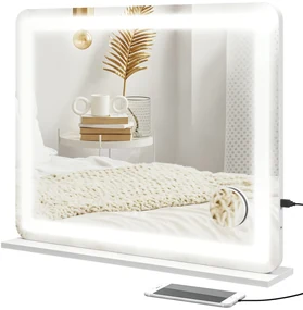 HOMCOM Oglindă de Machiaj cu Lumini LED în 3 Culori, Oglindă de Perete și Masă cu USB, 80x62x14 cm, Alb | Aosom Romania