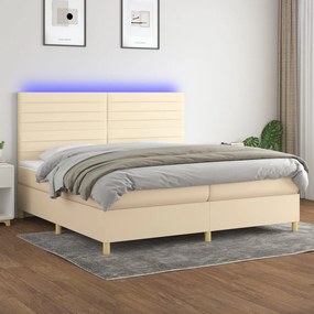 vidaXL Pat cu arcuri, saltea și LED, crem, 200x200 cm, textil
