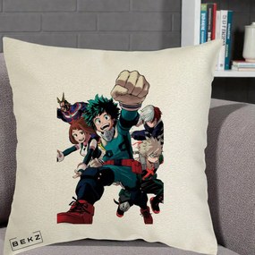Perna Personalizata My Hero Academia Izuku Deku si Echipa, 40x40 cm, Ecru, Husa Detasabila, Perna Inclusa, BEKZ®