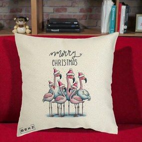 Perna Decorativa Flamingo Merry Christmas, 40x40 cm, Ecru, Husa Detasabila, Perna Inclusa, BEKZ®
