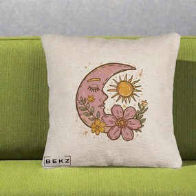 Perna Personalizata Luna si Soare Floral Boho, 40x40 cm, Bej Canapea, Husa Detasabila, Perna Inclusa, BEKZ®