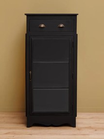 Vitrină mică din lemn masiv de mango, negru, cu 1 ușă vitrată, 2 rafturi, 1 sertar și laterale din sticlă, finisaj mat, 140 x 64 x 64 cm, „Majara”