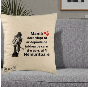 Cadou pentru Mama - Perna Personalizata Mama Nemuritoare Gravura Vintage, 40x40 cm, Bej, Husa Detasabila, Perna Inclusa, BEKZ®