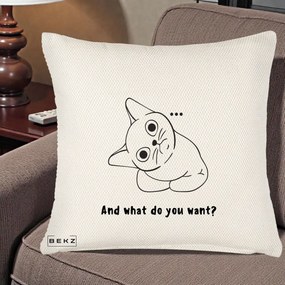 Perna Decorativa And What Do You Want Cat, 40x40 cm, Crem Reliefat, Husa Detasabila, Perna Inclusa, BEKZ®