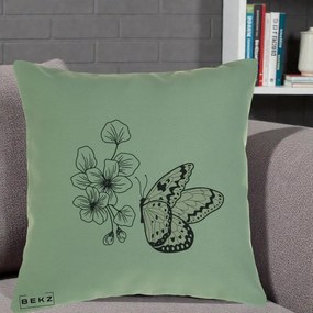 Perna Decorativa Fluture si Flori Linie Monocroma, 40x40 cm, Verde, Husa Detasabila, Perna Inclusa, BEKZ®