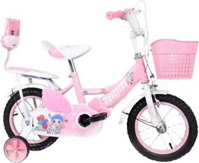 Bicicleta 14 inch cu doua locuri, NBW, roti ajutatoare, frane si cos de jucarii, 3-6 ani, Roz