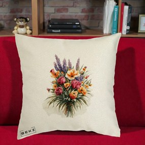 Perna Decorativa Buchet Mixt Acuarela Lavanda-Trandafiri, 40x40 cm, Ecru, Husa Detasabila, Perna Inclusa, BEKZ®