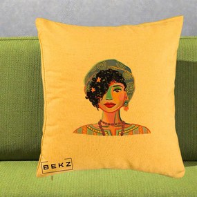 Perna Decorativa Portret Femeie Etnic Colorat, 40x40 cm, Galben, Husa Detasabila, Perna Inclusa, BEKZ®