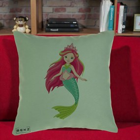 Perna Decorativa Sirena Roz cu Coroana, 40x40 cm, Verde, Husa Detasabila, Perna Inclusa, BEKZ®