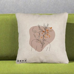 Perna Decorativa Femeie cu Flori Line Art Boho, 40x40 cm, Bej Canapea, Husa Detasabila, Perna Inclusa, BEKZ®