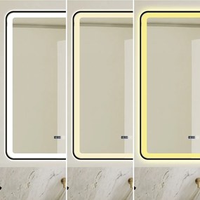 Oglindă Baie LED și Dezaburire Elit's Premium cu Senzor Touch, Lumina Rece, Caldă și Neutră, 70x90cm, cu rama Negru Antichizat, Ceas