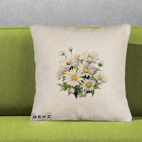 Perna Decorativa Buchet Margarete Albe Acuarela, 40x40 cm, Bej Canapea, Husa Detasabila, Perna Inclusa, BEKZ®