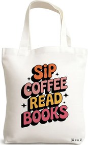 Sacosa de Panza pentru Cumparaturi, Geanta Tote, model Sip Coffee read books 38 x 34.5 cm, Alba, BEKZ®