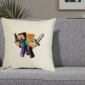 Perna Personalizata Minecraft Steve si Alex, 40x40 cm, Ecru, Husa Detasabila, Perna Inclusa, BEKZ®