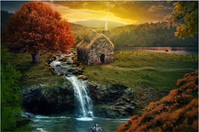 Tablou cu căbănuță în peisaj de poveste (90x60 cm)