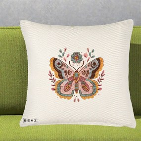 Perna Decorativa Fluture Boho Floral, 40x40 cm, Crem Reliefat, Husa Detasabila, Perna Inclusa, BEKZ®