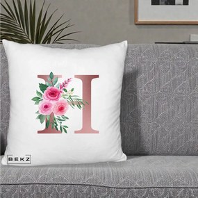 Cadou Personalizat - Perna Personalizata Monograma Rose Gold Litera H, 40x40 cm, Alb Pufos, Husa Detasabila, Perna Inclusa, BEKZ®