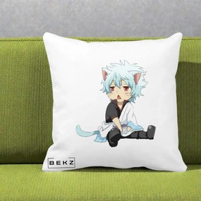 Perna Personalizata Gintama Gintoki Chibi Pisica, 40x40 cm, Alba Mata, Husa Detasabila, Perna Inclusa, BEKZ®