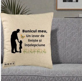 Cadou pentru Bunic - Perna Personalizata Bunicul Meu Izvor de Liniste cu Fluture si Fetita, 40x40 cm, Bej, Husa Detasabila, Perna Inclusa, BEKZ®