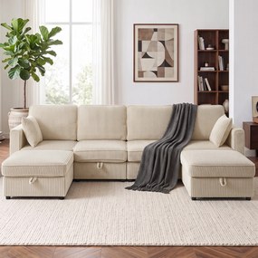 HOMCOM Canapea Modulară în U cu 4 Locuri, 2 Pufuri cu Depozitare, Catifea Reiată, 306x153x85 cm, Crem | Aosom Romania