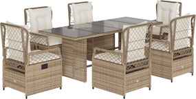 vidaXL Set de masă pentru grădină, 7 piese, cu perne, bej, poliratan
