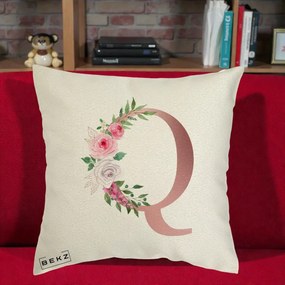 Cadou Personalizat - Perna Personalizata Monograma Rose Gold Litera Q, 40x40 cm, Ecru, Husa Detasabila, Perna Inclusa, BEKZ®