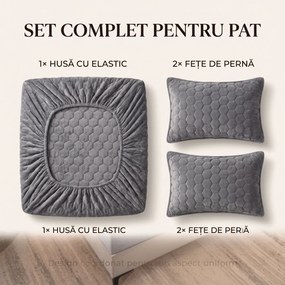 Set lenjerie de pat plusata, husa cu elastic si 2 fete de perna, Gri