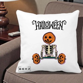 Perna Decorativa Halloween Schelet cu Cap de Dovleac Powerlifting, 40x40 cm, Alba Mata, Husa Detasabila, Perna Inclusa, BEKZ®