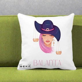 Perna Personalizata Zodiac Balanta Cowgirl, 40x40 cm, Alba Mata, Husa Detasabila, Perna Inclusa, BEKZ®