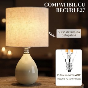 HOMCOM Lampă de masă din ceramică, cu abajur textil aspect in, E27, întrerupător basculant, pentru dormitor, crem | Aosom Romania