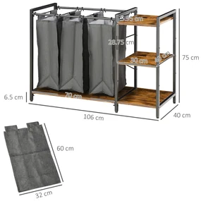 HOMCOM Coș de Rufe Stil Industrial cu 3 Saci de Tesaturi și 3 Rafturi, Cadru din Lemn și Oțel, 106x40x75 cm | Aosom Romania