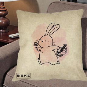Perna Decorativa Iepuras Kawaii cu Cosulet Floral, 40x40 cm, Crem, Husa Detasabila, Perna Inclusa, BEKZ®
