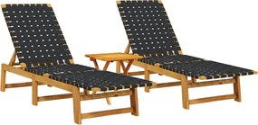 vidaXL Șezlonguri de plajă cu masă, 2 buc, negru, lemn masiv de acacia