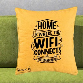 Perna Decorativa Home Is Where WiFi Connects, 40x40 cm, Galben, Husa Detasabila, Perna Inclusa, BEKZ®