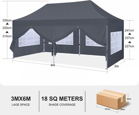 ABCCANOPY – Cort pavilion pliabil 6x3 m, înălțime reglabilă 3 trepte, pereți cu ferestre transparente, impermeabil, protecție împotriva zăpezii și ploii, Gri