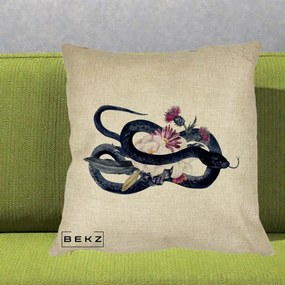 Perna Decorativa Sarpe Negru cu Flori Gothic, 40x40 cm, Crem, Husa Detasabila, Perna Inclusa, BEKZ®