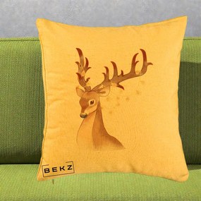 Perna Decorativa Ren cu Luminite de Craciun, 40x40 cm, Galben, Husa Detasabila, Perna Inclusa, BEKZ®